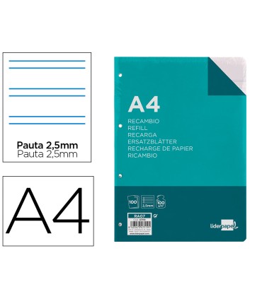 Recambio liderpapel a4 100 hojas 100g m2 pauta 5ª 25mm con margen 4 taladros